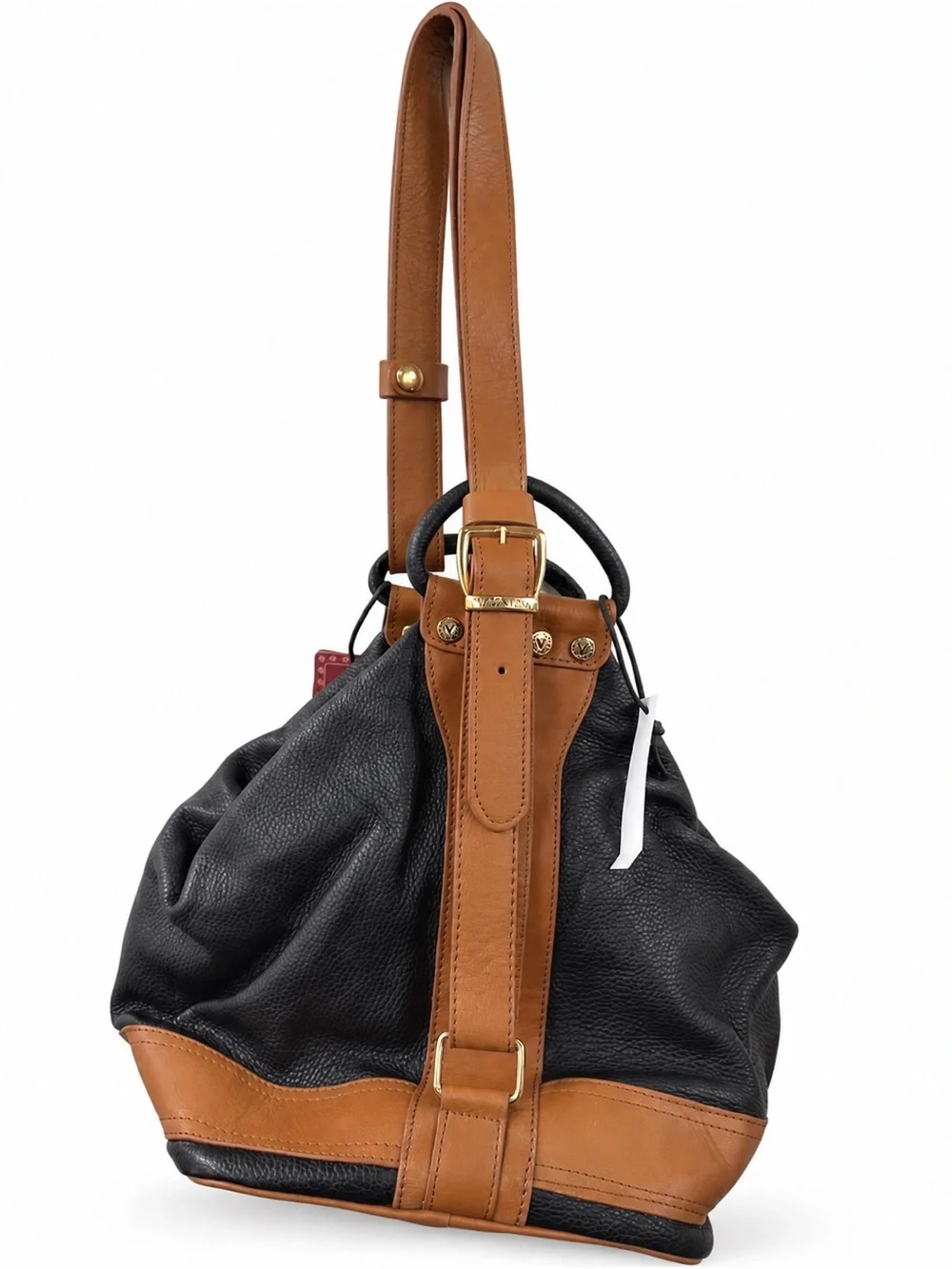 Valentina Italian Leather Convertible Backpack Bag Black Cognac NWT